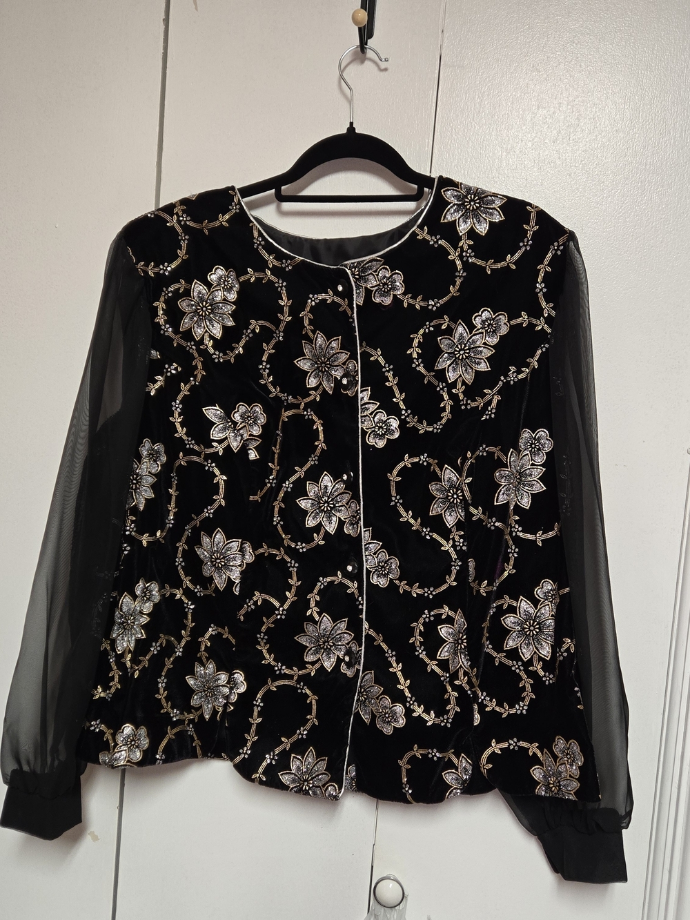 Vintage Another Time 3X Black Metallic Floral Sheer Sleeve Blouse